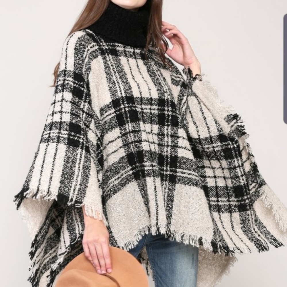 Sale Cream Black Poncho Sweater - Picture 2 of 7